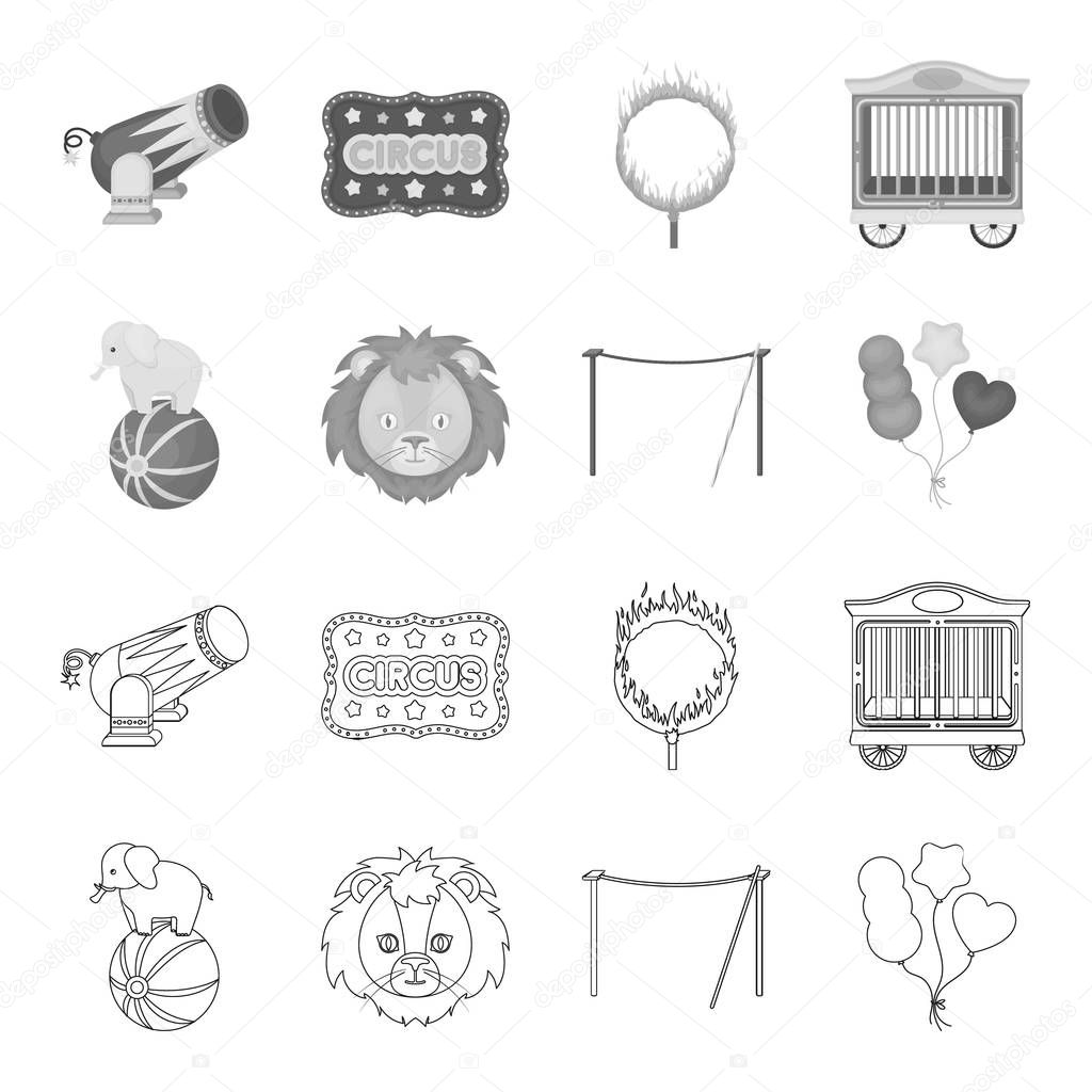 Elephant on the ball, circus lion, crossbeam, balls.Circus set collection icons in outline,monochrome style vector symbol stock illustration web.
