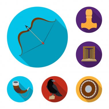 Düz set koleksiyonu tasarım için simgeleri Vikingler ve öznitelikleri. Eski İskandinav savaşçı vektör simge stok web çizimi.