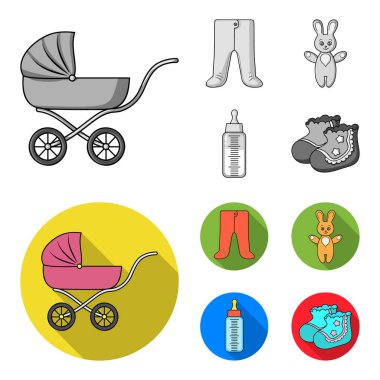Bebek arabası, şişe bir emzik, oyuncak, sürgü ile. Bebek set simgeler tek renkli, düz stil vektör simge stok çizim web tarihi..