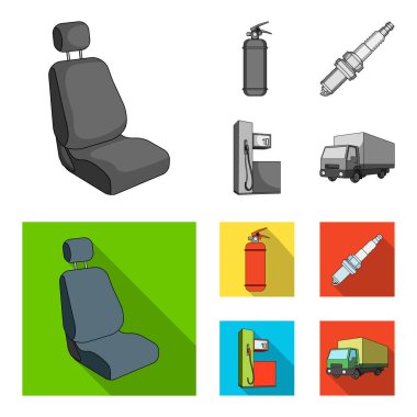 Koltuk başlığına takılan mikrofonlu, yangın söndürücü, araba mum, benzin istasyonu, araba ile küme toplama simgeler tek renkli, düz stil vektör simge stok çizimde Web sandalye.