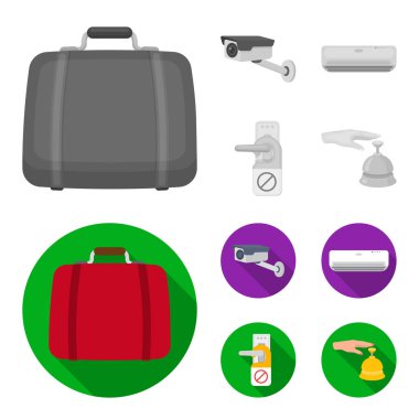 Bagaj, güvenlik kamerası, Klima, işareti rahatsız etmeyin. Tek renkli, düz stil vektör simge stok çizim web simgeler otel ayarla.