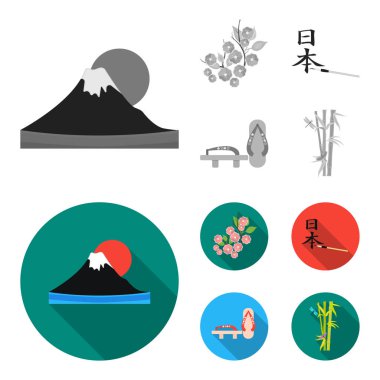 Geta, sakura çiçekler, bambu, hiyeroglif. Japonya toplama simgeler tek renkli, düz stil vektör simge stok çizim web ayarla..
