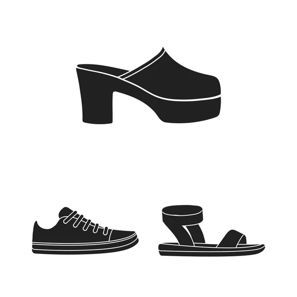 Ayakkabı çeşitli siyah set koleksiyonu tasarım için simgeler. Önyükleme, spor ayakkabı sembol stok web illüstrasyon vektör. — Stok Vektör