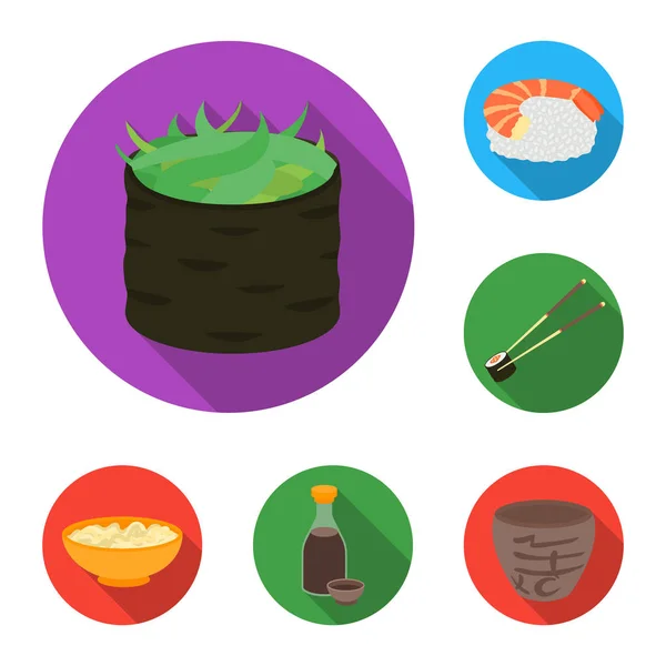 Sushi and seasoning flat icons in set collection for design. Seafood food, accessory vector symbol stock web illustration. — Stock Vector