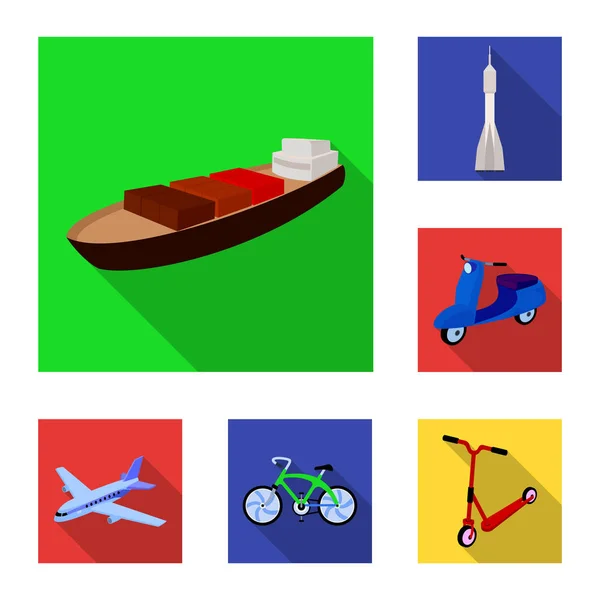Различные типы плоских иконок в наборе для проектирования. Векторные символы автомобилей и кораблей . — стоковый вектор