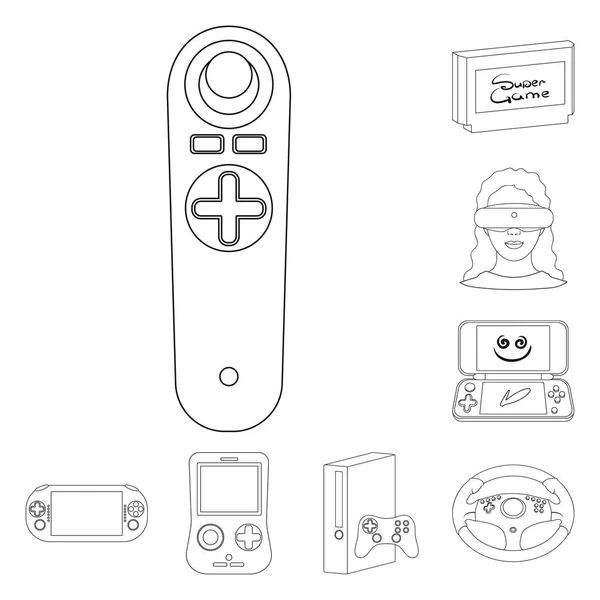 Console de jogos e ícones de esboço de realidade virtual na coleção de conjuntos para design.Game Gadgets vector symbol stock web illustration . — Vetor de Stock