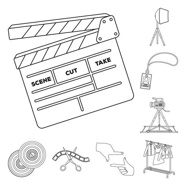 Bir film anahat simgeleri set koleksiyonu tasarım için yapma. Öznitelikleri ve ekipman sembol stok web illüstrasyon vektör. — Stok Vektör