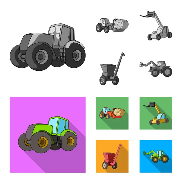 Tractor, equilibrador de heno y otros dispositivos agrícolas. Maquinaria agrícola conjunto colección iconos en monocromo, vector de estilo plano símbolo stock ilustración web . — Vector de stock