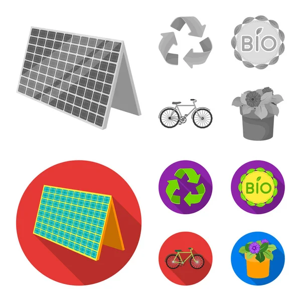 Bio label, eco bike, solar panel, recycling sign.Bio and ecology set collection icons in monochrome,flat style vector symbol stock illustration web. — Stock Vector
