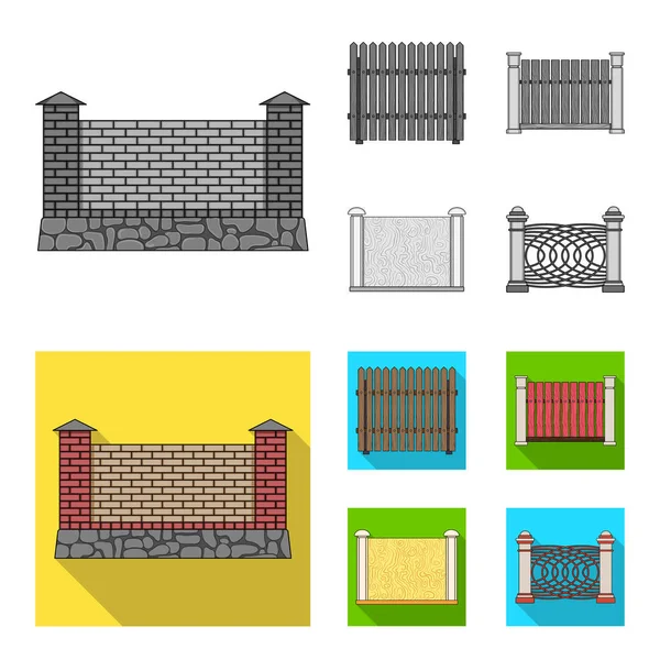 Una cerca de metal y ladrillos, empalizada de madera. Una valla diferente conjunto de iconos de colección en monocromo, vector de estilo plano símbolo stock ilustración web . — Vector de stock