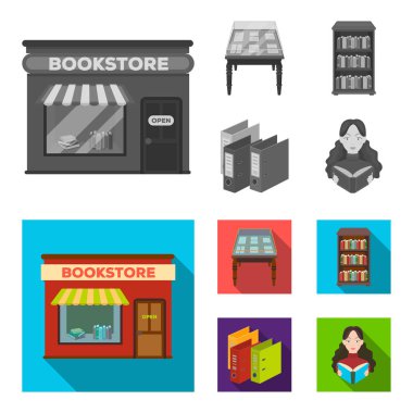 Bir tablo ile eski belgeleri, raflardan, klasörler, bir ziyaretçi. Bir kütüphane ve bir kitapçı toplama simgeler tek renkli, düz stil vektör simge stok çizim web ayarla.