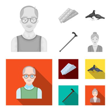 Yaşlı erkekler, tablet, güvercinler, baston yürüme. Yaşlılık toplama simgeler tek renkli, düz stil vektör simge stok çizim web ayarla..