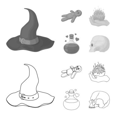 Bir Vudu bebeği, büyülü bir yangın, aşk iksiri, bir kafatası. Siyah ve beyaz büyü toplama simgeler anahat, tek renkli stil vektör simge stok çizim web ayarla..