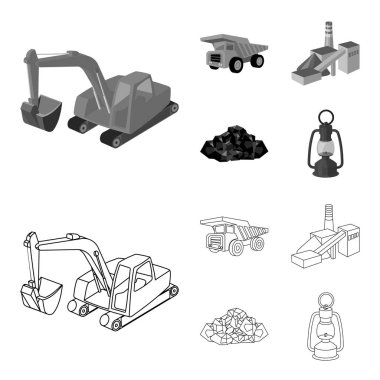 Ekskavatör, Damper, işleme tesisi, mineraller ve cevheri. Toplama simgeler anahat, tek renkli stil vektör simge stok çizim web set madencilik sanayi.