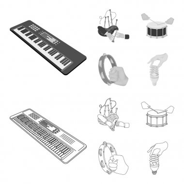 Synthesizer melodiler, gayda skoç ve diğer web simgesi anahat, tek renkli stil. davul, davul, tef el Icons set koleksiyonu.