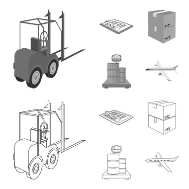 Forklift, Teslimat makbuzları, paketlenmiş ürünler, Terazi tartı üzerinde kargo. Lojistik ve teslimat anahat, tek renkli stil izometrik vektör simge stok çizim web simgeler ayarla.