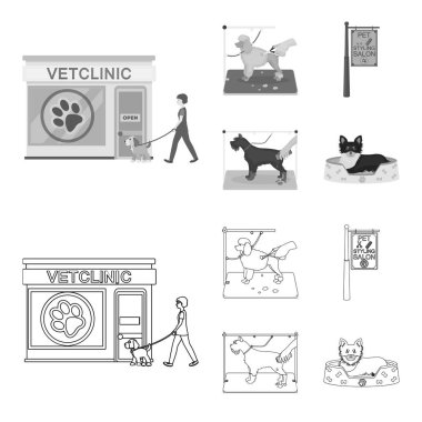 Bir veteriner Kliniği, şık bir salon a evde beslenen hayvan köpek bir saç kesimi için bir tabela ziyaret. Veteriner Kliniği ve evde beslenen hayvan, köpek bakımı anahat, tek renkli stil vektör simge stok çizim web simgeler ayarla.