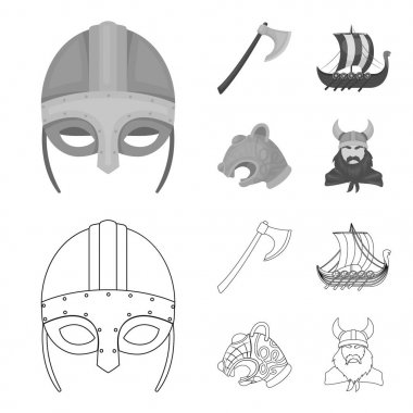 Viking kask, savaş baltası, çaylak Kalkanlar, ejderha, hazine ile kürek üzerinde. Vikingler toplama simgeler anahat, tek renkli stil vektör simge stok çizim web ayarla..