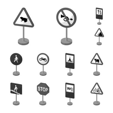Yol farklı türde imzalar set koleksiyonu tasarım için tek renkli simgeler. Uyarı ve yasağı işaretler sembol stok web illüstrasyon vektör.