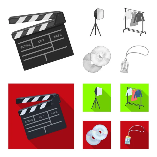 Film, diskler ve diğer ekipmanlar sinema için. Tek renkli, düz stil vektör simge stok çizim web içinde koleksiyon Icons set film yapma. — Stok Vektör