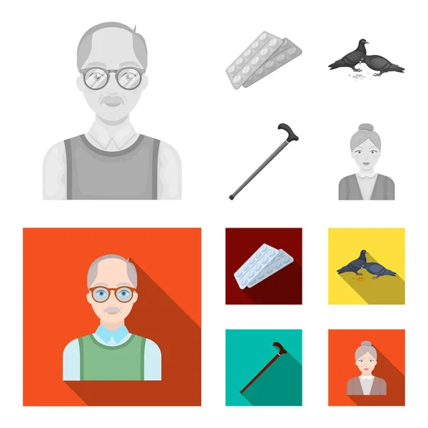 Oudere mannen, tabletten, duiven, wandelen van suikerriet. Ouderdom instellen collectie iconen in zwart-wit, vlakke stijl vector symbool stock illustratie web. — Stockvector