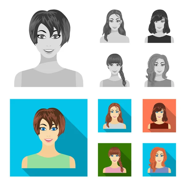 Types de coiffures féminines monochromes, des icônes plates dans la collection ensemble pour le design. Apparence d'une femme vecteur symbole stock web illustration . — Image vectorielle