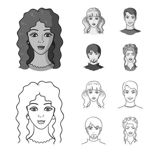 Diferentes olhares de jovens pessoas.Avatar e ícones de coleção de conjuntos de rosto em esboço, estilo monocromático símbolo vetorial ilustração web . —  Vetores de Stock