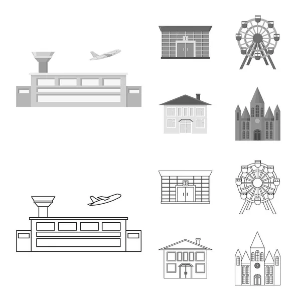 Аэропорт, банк, жилое здание, колесо обозрения. Иконки коллекции наборов зданий в виде набросков, векторные символы в монохромном стиле . — стоковый вектор
