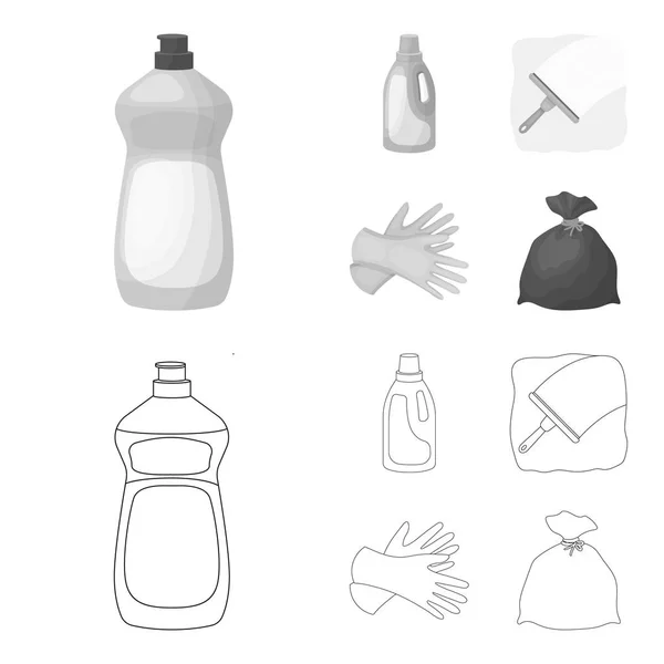 Gel zum Waschen in einer rosafarbenen Flasche, gelbe Handschuhe zum Reinigen, eine Bürste für Glas, eine schwarze Tasche für Müll oder Abfall. Reinigungs-Set Sammlungssymbole in Umriss, monochromer Stil Vektor-Symbolstock — Stockvektor