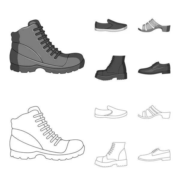 En uppsättning ikoner på en mängd olika skor. Olika skor enda ikon i disposition, svartvit stil vektor web symbol stock illustration. — Stock vektor