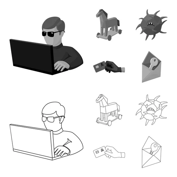 Hacker, piratería informática, sistema, internet .Hackers y la piratería conjunto de iconos de la colección en el contorno, el estilo monocromo vector símbolo stock ilustración web . — Vector de stock