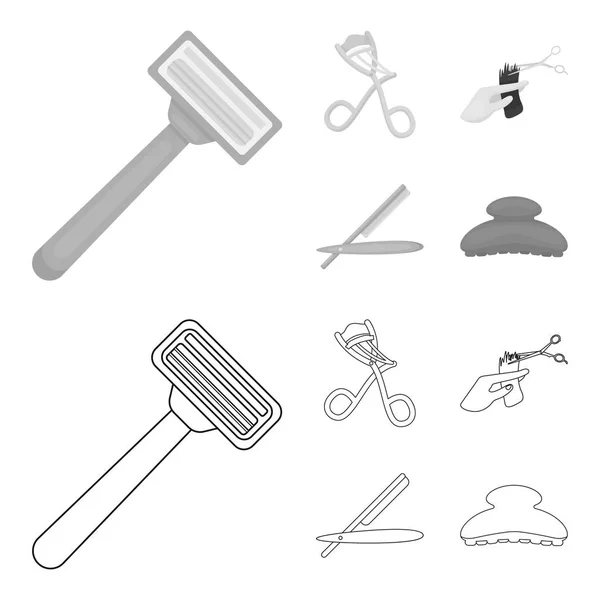 Tijeras, cepillo, maquinilla de afeitar y otros equipos. Peluquería conjunto colección iconos en el contorno, el estilo monocromo vector símbolo stock ilustración web . — Vector de stock