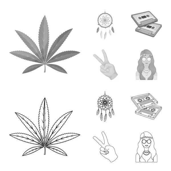 Amuleto, chica hippie, signo de libertad, viejo cassette.Hippy conjunto de iconos de la colección en el contorno, el estilo monocromo vector símbolo stock illustration web . — Vector de stock