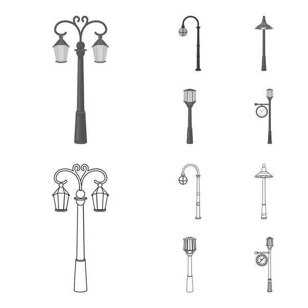 Lamppost em estilo retro, lanterna moderna, tocha e outros tipos de luzes de rua. Lamppost conjunto de ícones de coleção em esboço, estilo monocromático símbolo vetorial ilustração web . —  Vetores de Stock