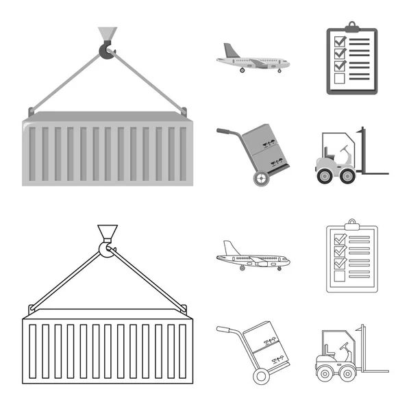 Fraktflygplan, vagn för transport, lådor, gaffeltruck, dokument. Logistik, ange samling ikoner i disposition, svartvit stil vektor symbol stock illustration web. — Stock vektor