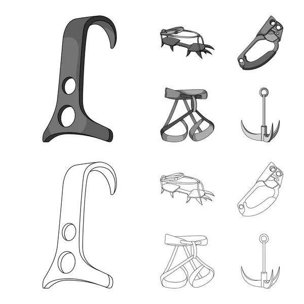 Haken, Klettergurt, Versicherung und andere Ausrüstung. Bergsteigen Set Sammlung Symbole in Umrissen, monochromen Stil Vektor Symbol Stock Illustration Web. — Stockvektor