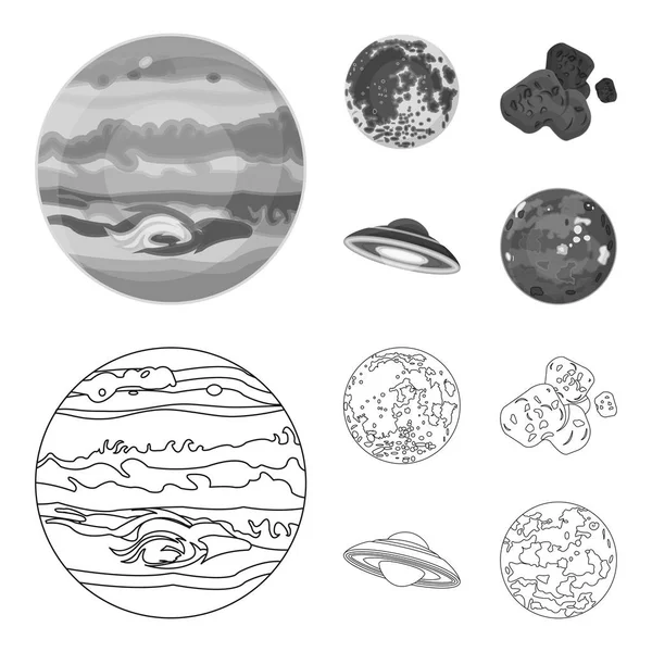 Luna, Venus del planeta del sistema solar. Nil, un meteorito. Planetas conjunto de iconos de colección en el contorno, el estilo monocromo vector símbolo stock ilustración web . — Vector de stock