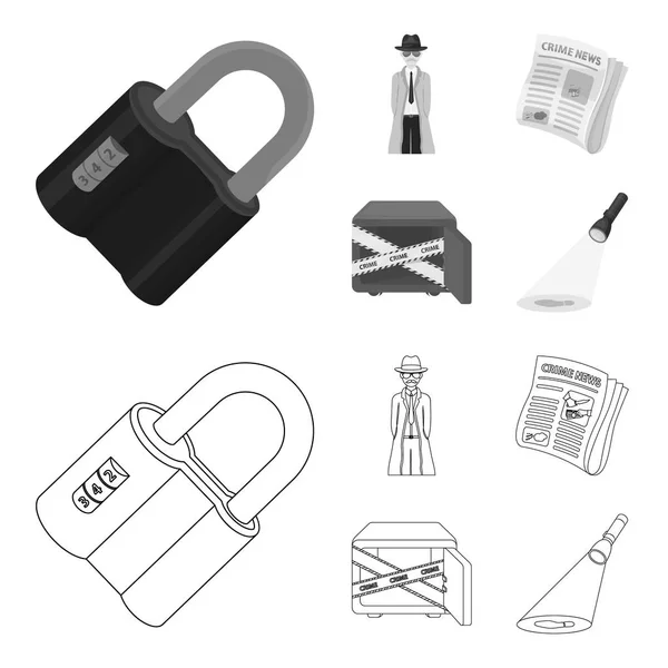 Coded lock, the appearance of the detective, a newspaper with criminal news, a hacked safe. Crime and detective set collection icons in outline,monochrome style vector symbol stock illustration web. — Stock Vector