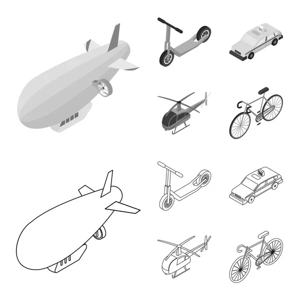 A dirigible, a children scooter, a taxi, a helicopter.Transport set collection icons in outline, monochrome style vector symbol stock illustration web . — стоковый вектор