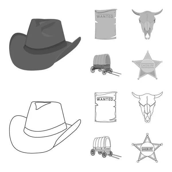 Cowboy hoed, wordt gezocht, kar, stier schedel. Wilde westen collectie iconen in overzicht, zwart-wit stijl vector symbool stock illustratie web instellen. — Stockvector
