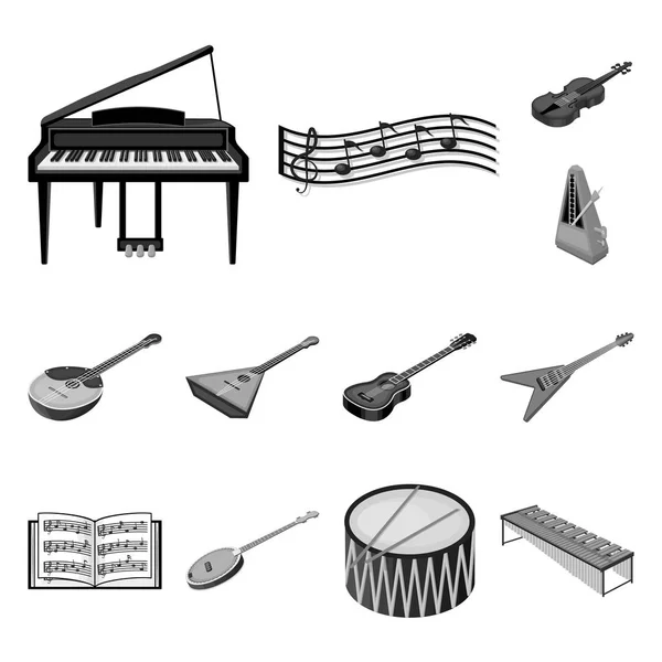Ícones monocromáticos de instrumentos musicais na coleção de conjuntos para design. Instrumento de corda e vento isométrico vetor símbolo web ilustração . — Vetor de Stock