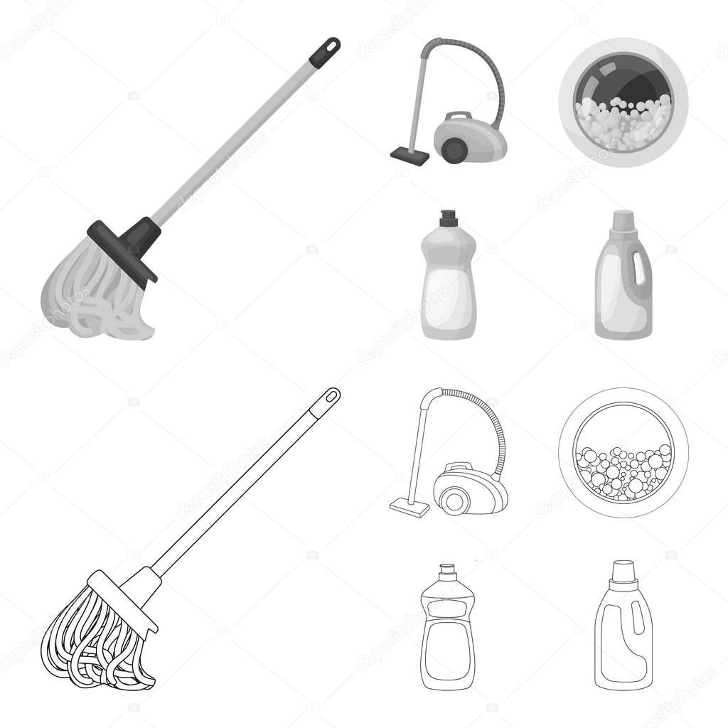 A mop with a handle for washing floors, a green vacuum cleaner, a window of a washing machine with water and foam, a bottle with a cleaning agent. Cleaning set collection icons in outline,monochrome