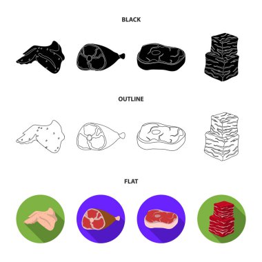 Tavuk kanatları, jambon, çiğ biftek, biftek küpleri. Et koleksiyonu Icons set siyah, düz, anahat stili vektör simge stok çizim web.