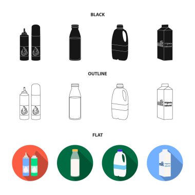 Süt, kalsiyum, ürün, yiyecek. Süt ürünü ve tatlı koleksiyonu Icons set siyah, düz, anahat stili vektör simge stok çizim web.