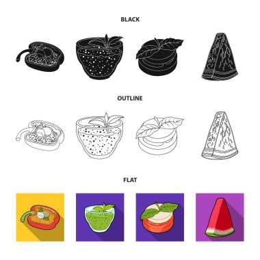 Tatlı Bulgar biber, vitamin içeceği, reçel Ahududu ve nane yaprakları ile karpuz bir parçası. Vejetaryen yemekleri koleksiyonu Icons set siyah, düz, anahat stili vektör simge stok çizim