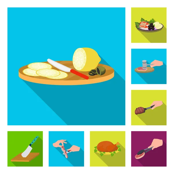 Cocinar alimentos iconos planos en la colección de conjuntos para el diseño. Cocina, equipo y herramientas vector símbolo stock web ilustración . — Archivo Imágenes Vectoriales