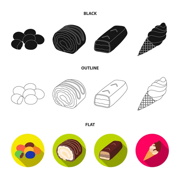 Dragee, rolo, chocolate bar, sorvete. Sobremesas de chocolate conjunto coleção ícones em preto, plano, estilo esboço vetor símbolo estoque ilustração web . —  Vetores de Stock