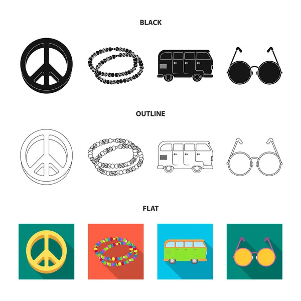 Un signo hippie, cuentas, un autobús, vidrios redondos.Hippy conjunto colección iconos en negro, plano, contorno estilo vector símbolo stock illustration web . — Vector de stock