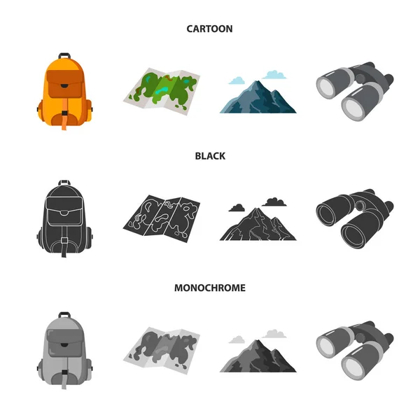 Mochila, montañas, mapa de la zona, binoculares. Camping conjunto colección iconos en dibujos animados, negro, estilo monocromo vector símbolo stock ilustración web . — Vector de stock