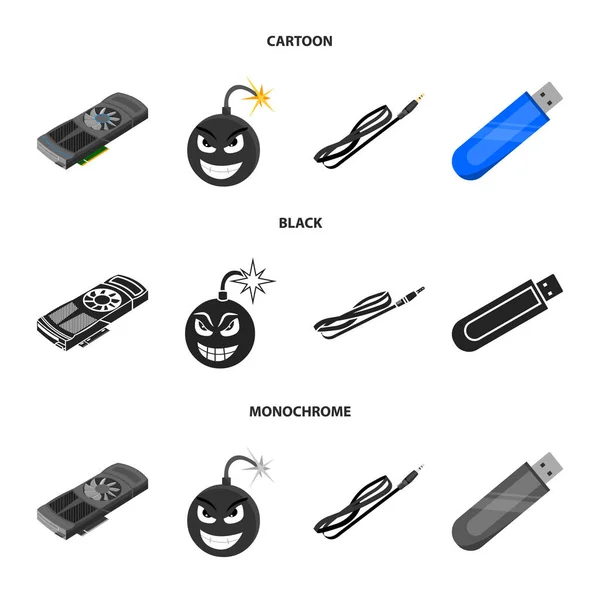 Video card, virus, flash drive, cable. Personal computer set collection icons in cartoon,black,monochrome style vector symbol stock illustration web. — Stock Vector